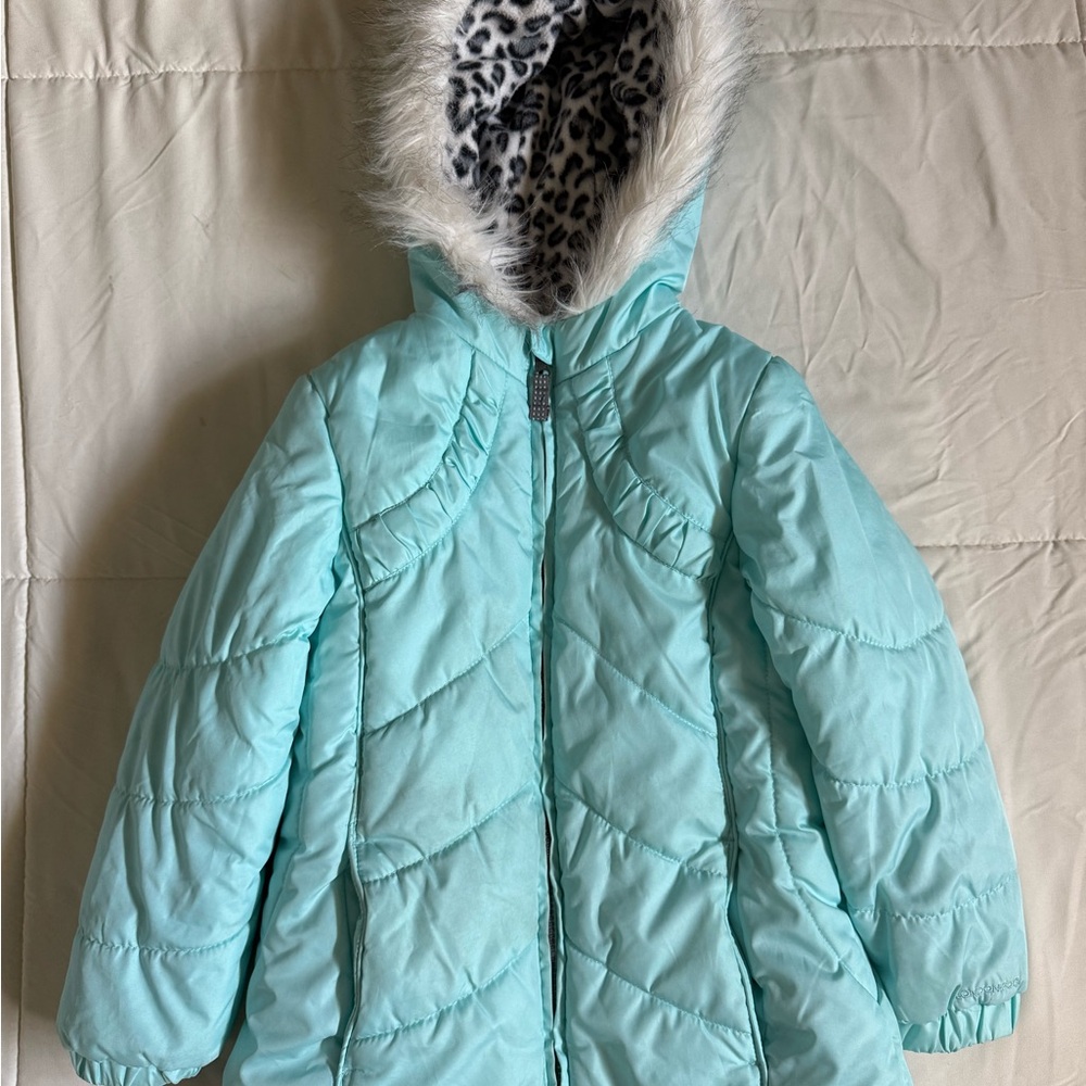 London Fog Girls Winter Coat L 6X Aqua Puffer Faux Fur Hood Leopard Lined